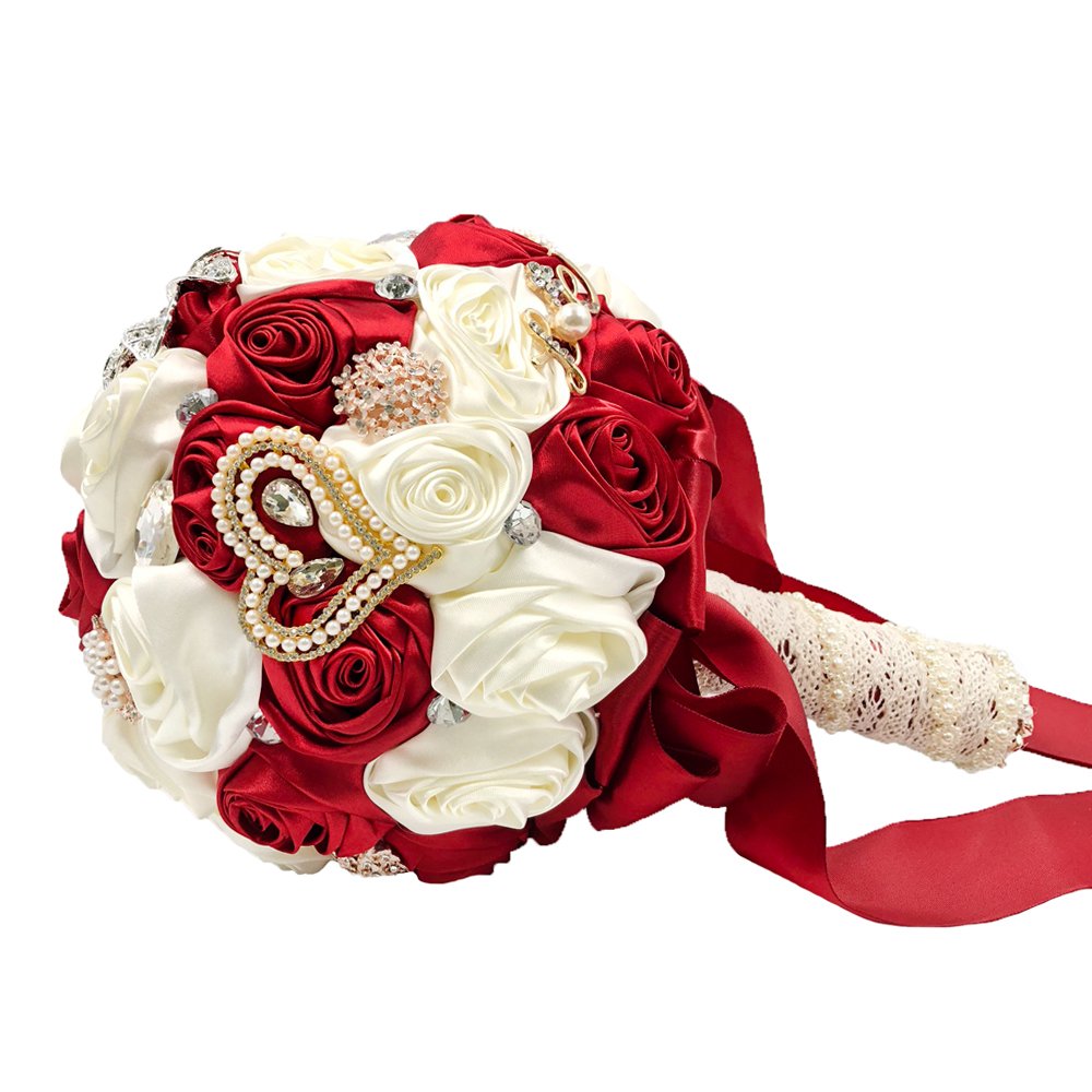 Abbiehome Handmade Bridal Bridesmaids Brooch Bouquet Satin Roses With Crystal Diamond Pearl Decor (Burgundy+Ivory)