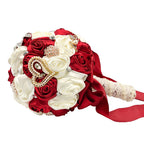 Abbiehome Handmade Bridal Bridesmaids Brooch Bouquet Satin Roses With Crystal Diamond Pearl Decor (Burgundy+Ivory)