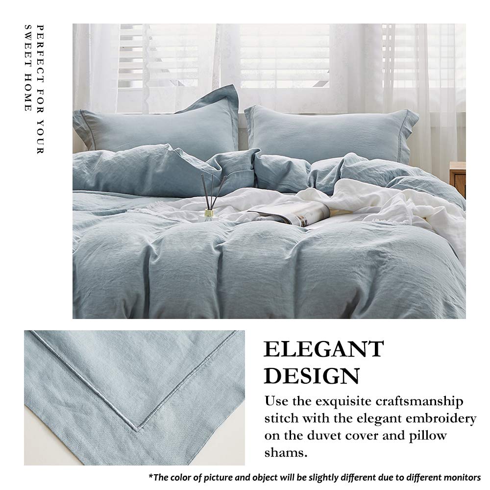 Simple&Opulence 100% Linen Duvet Cover Set With Embroidery Border Washed - 3 Pieces (1 Duvet Cover & 2 Pillow Shams) With Button Closure Soft Breathable Farmhouse - Dusty Blue, Full Size