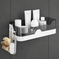 Jivinex Wall Mounted Bathroom Shelf Organizer | 1 Tier Plastic Bathroom Rack with 2 Hooks | No Drill Adhesive Bathroom Accessori
