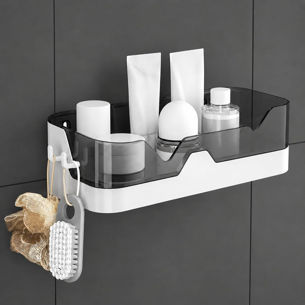 Jivinex Wall Mounted Bathroom Shelf Organizer | 1 Tier Plastic Bathroom Rack with 2 Hooks | No Drill Adhesive Bathroom Accessori