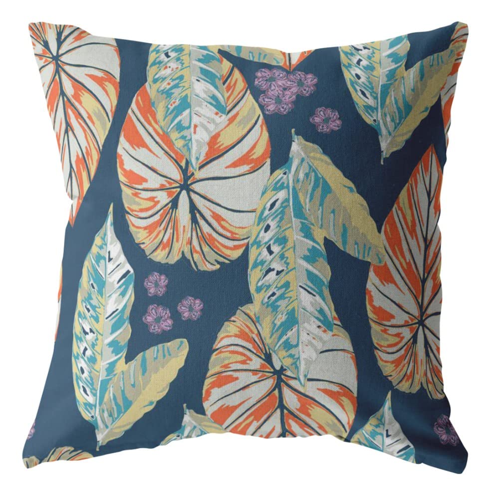 HomeRoots Orange On Dark Blue 20â€ Orange Blue Tropical Leaf Suede Throw Pillow