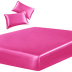 SiinvdaBZX 3-Piece Set Satin Full Fitted Sheet & 2 Pillowcase, Hot Pink Silky Soft Fitted Bottom Sheet, Wrinkle Free, Fade Resis