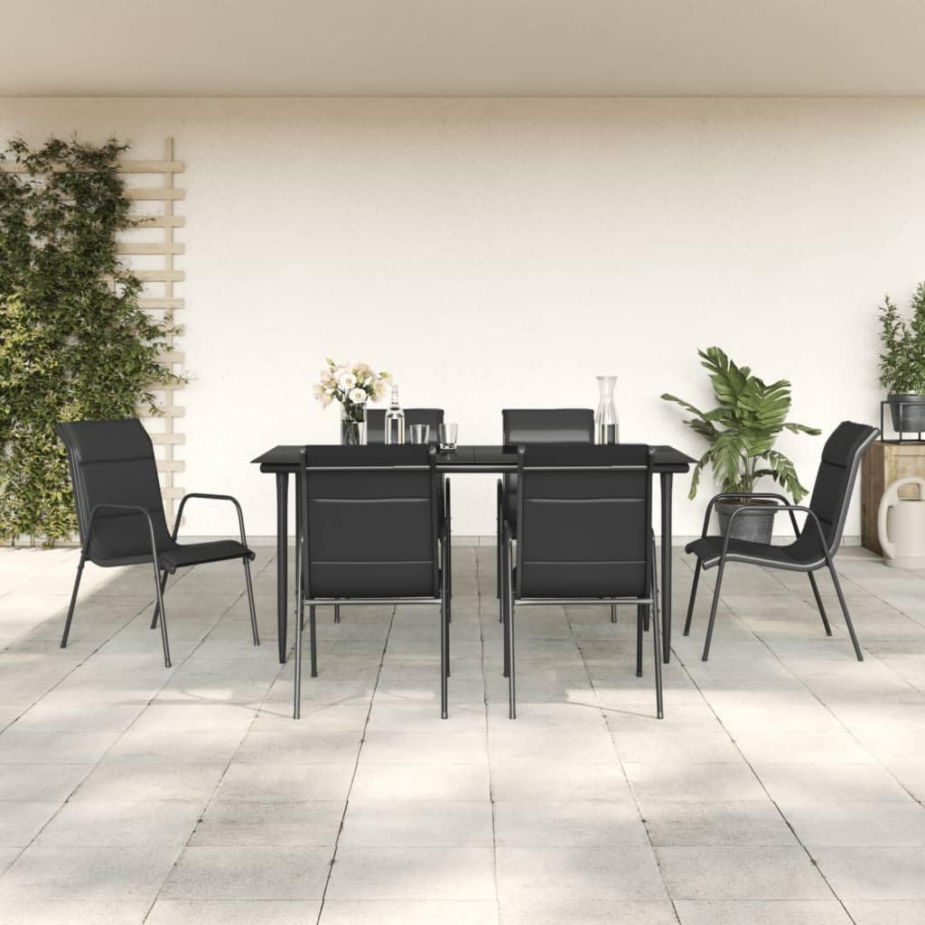 vidaXL- 7-Piece Patio Dining Set with Steel & Textilene Chairs, Black Outdoor Furniture for Garden, Patio, Decking