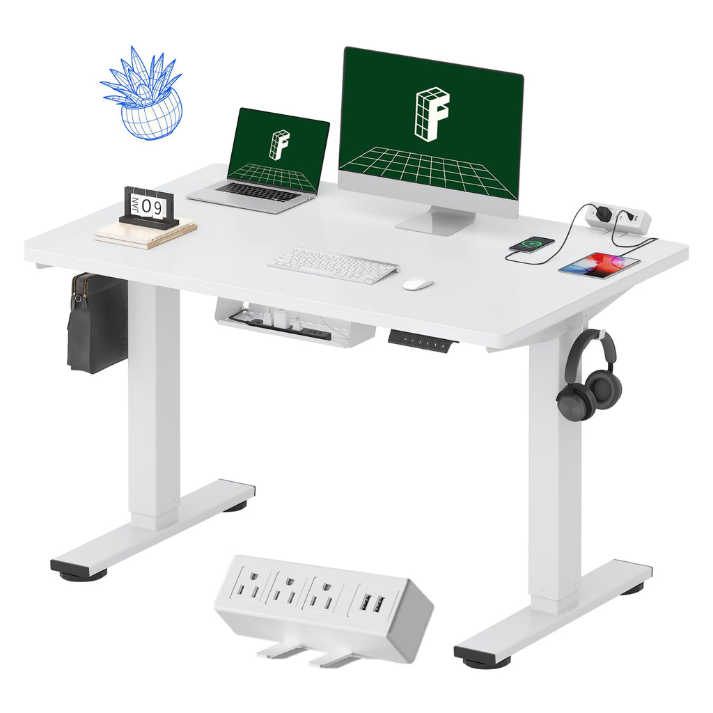 Flexispot En2 Whole-Piece Standing Desk With Clamp Power Strip, 48 X 30 Electric Stand Up Height Adjustable Desk With Cable Management (White Frame + 48' White Desktop, 2 Packages)