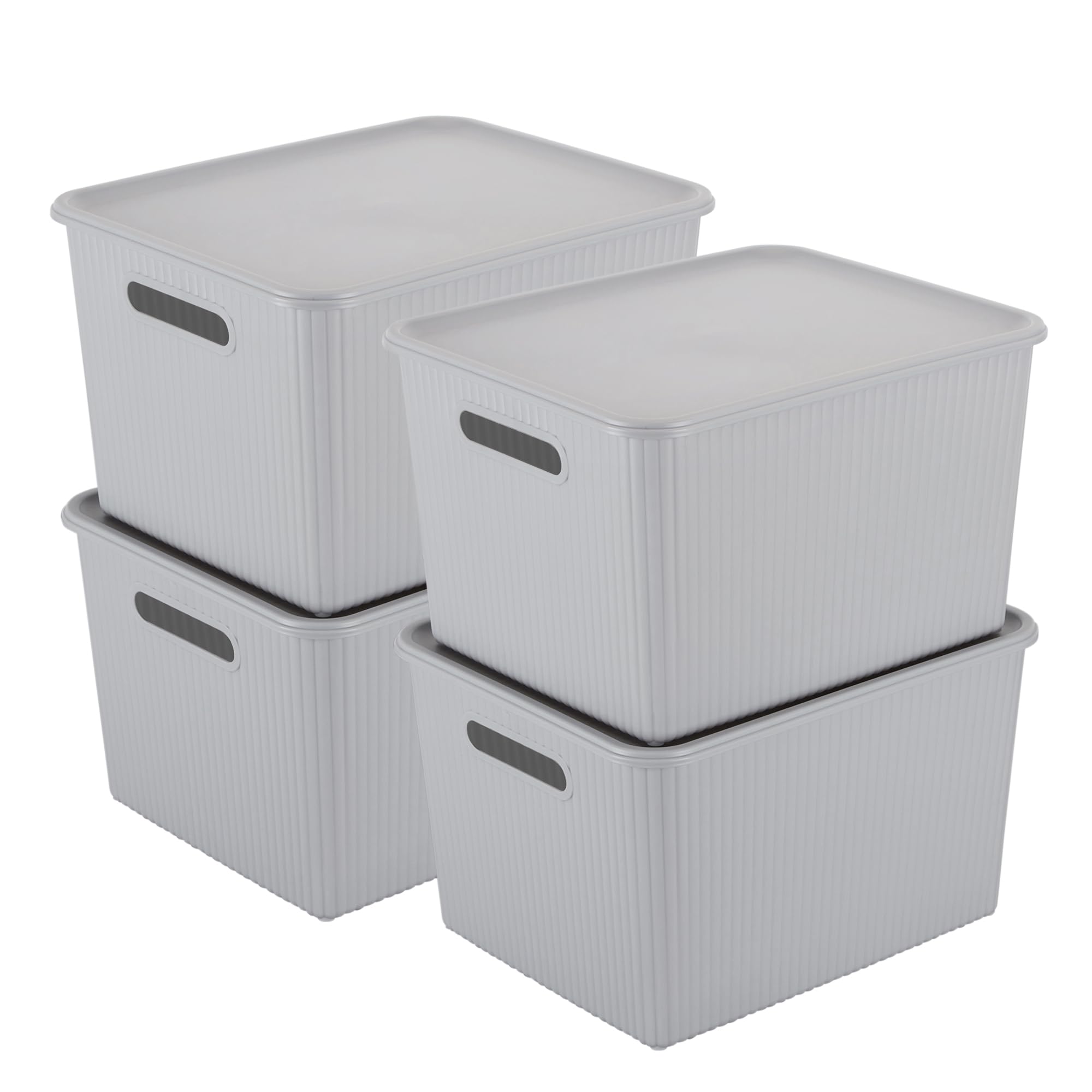 Kolorr Ribbed Baskets Large Pack Of 4 With 4 Standard Lid (NonAirtight LooseFit Cover) Multipurpose Plastic Storage Baskets Fo