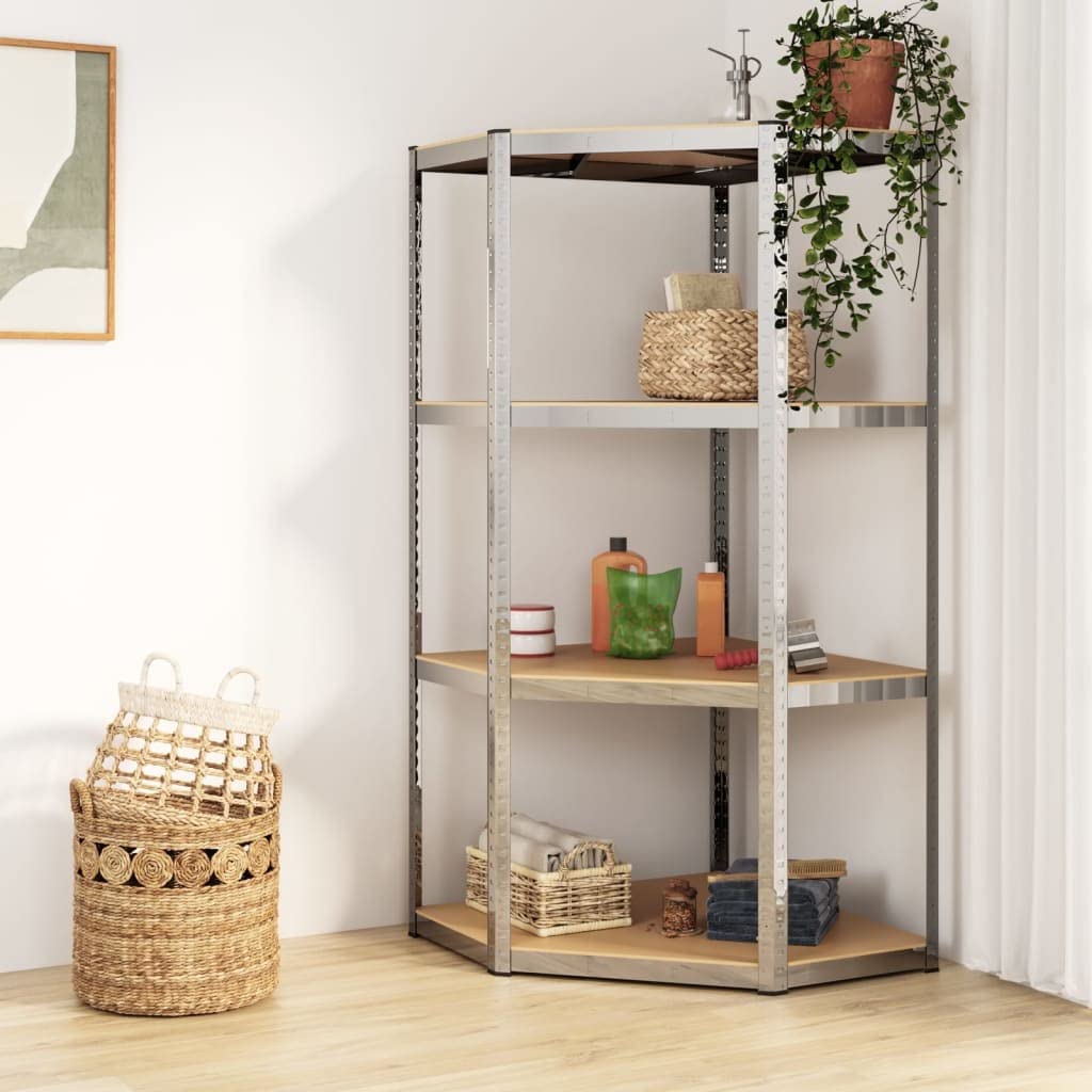 Vidaxl 4-Layer Silver Corner Shelf Made From Galvanized Steel And Engineered Wood – Suitable For Residential And Commercial Use – Industrial Style And Durable Construction.