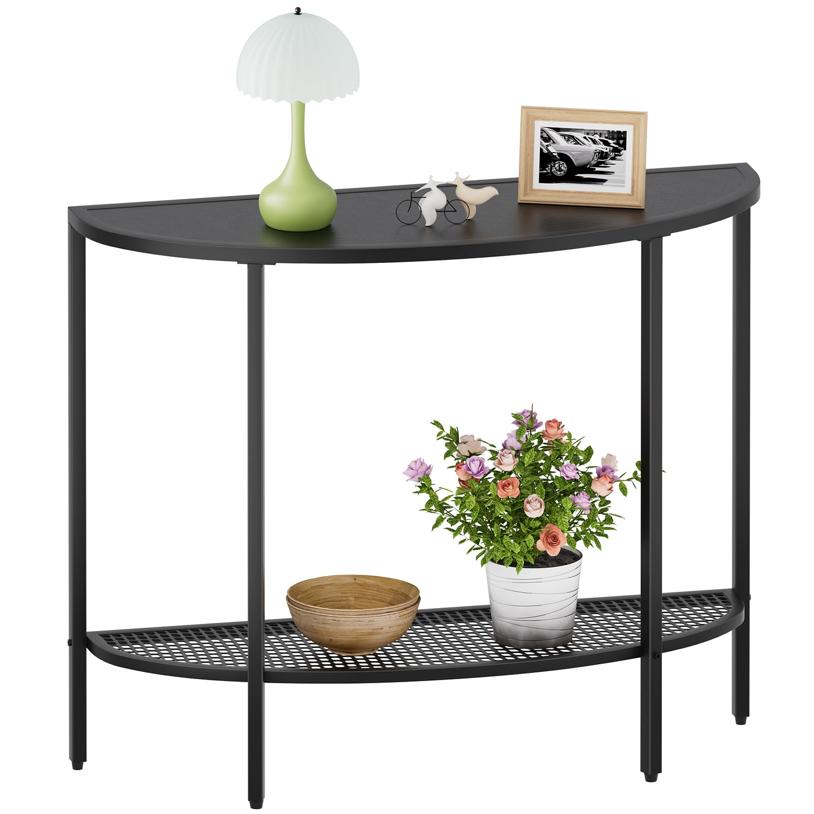 Saygoer Black Half Moon Console Table 2 Tier Narrow Entryway Table With Storage Modern Couch Table Small Entry Way Tables, Easy Assembly, All Black