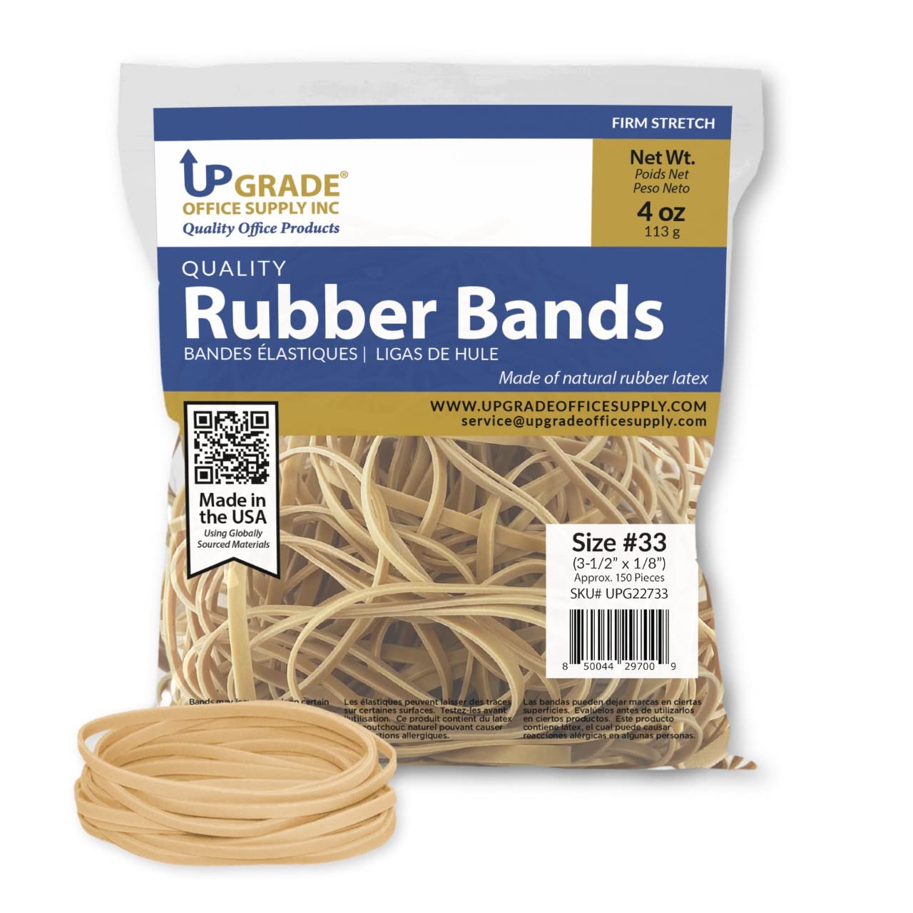 Upgrade Office Supply Upg22733 Rubber Bands, Size #33 (3-1/2 X 1/8') Natural Crepe, Made In Usa (4 Oz Bag)