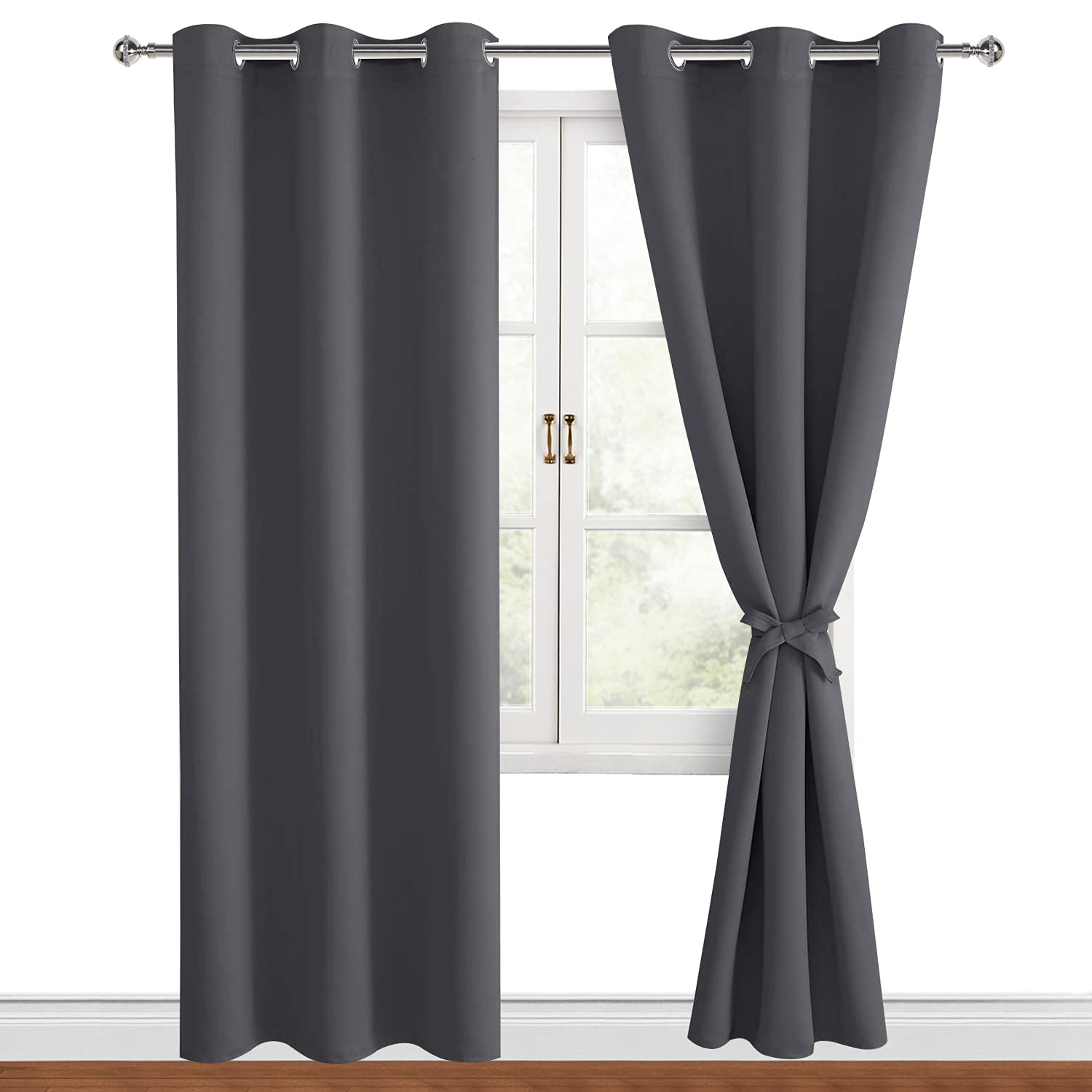 Hiasan Grommet Blackout Curtains For Bedroom, 38 X 84 Inches Long - Thermal Insulated & Light Blocking Window Curtains For Living Room, 2 Drape Panels Sewn With Tiebacks, Dark Grey