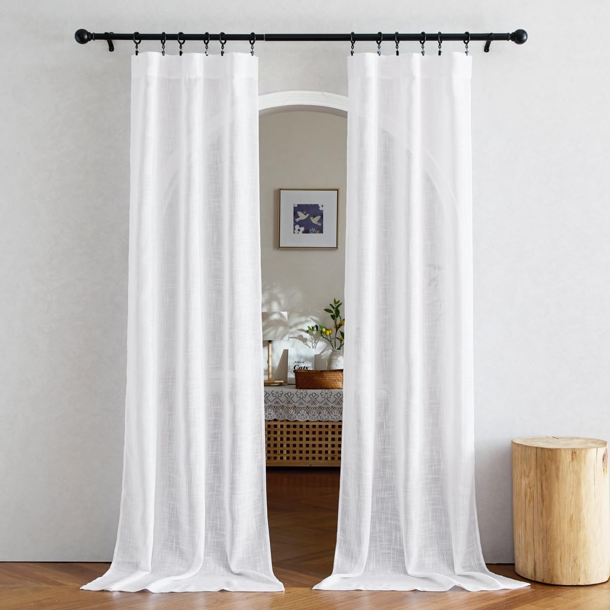 NICETOWN White 80 Semi-Sheer Faux Linen Doorway Curtains, Rod Pocket & Back Tab, 34W x 80L, 2 Panels for Bedroom/Living Room