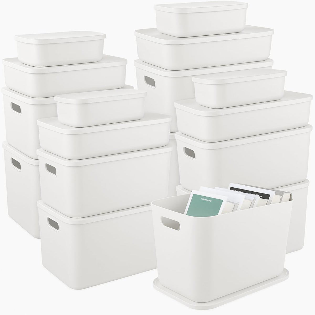 Quzzil 16 Pack Plastic Storage Bins with Lids Stackable Classroom Organization Bins 4 Size Combination Craft Organizers for Home