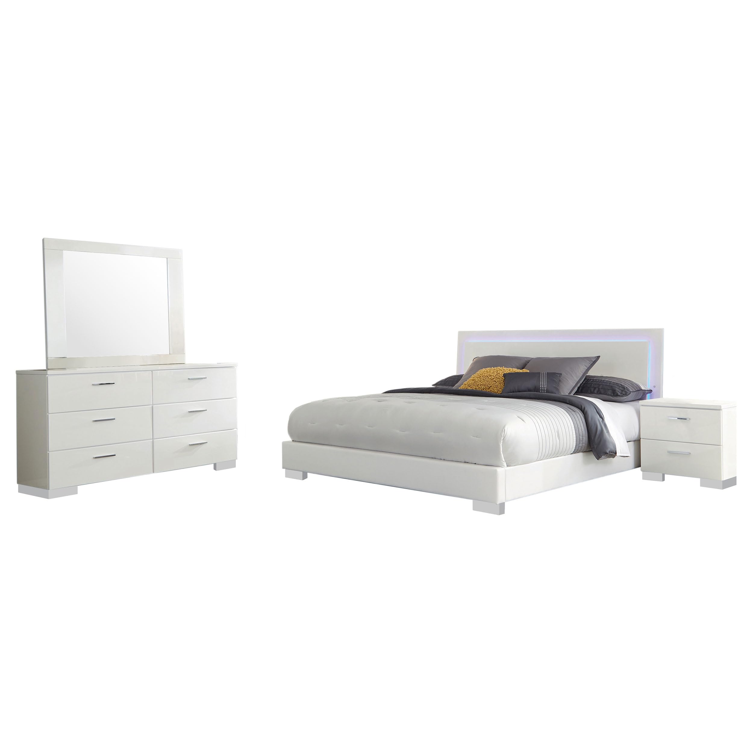 Coaster Home Furnishings Felicity Contemporary 4-Piece Bedroom Set Eastern King Size LED Panel Bed Frame 49-inch Headboard White High Gloss 203500KE-S4