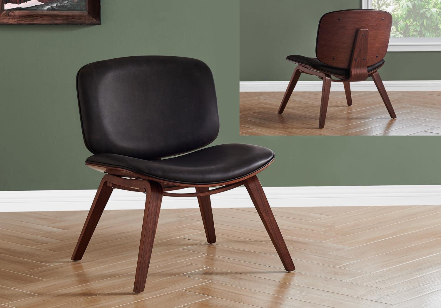 Monarch Specialties Bentwood Accent Office Leather Look Upholstered-Solid Wood Legs armless-Chair, Dark Brown/Walnut