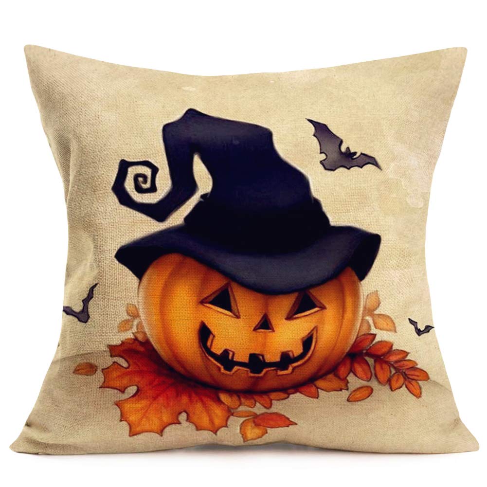 Easternproject Halloween Pumpkin Pillow Covers Cotton Linen Jack-O-Lantern Wearing Witch Hat Throw Pillow Case Decorative Cushio