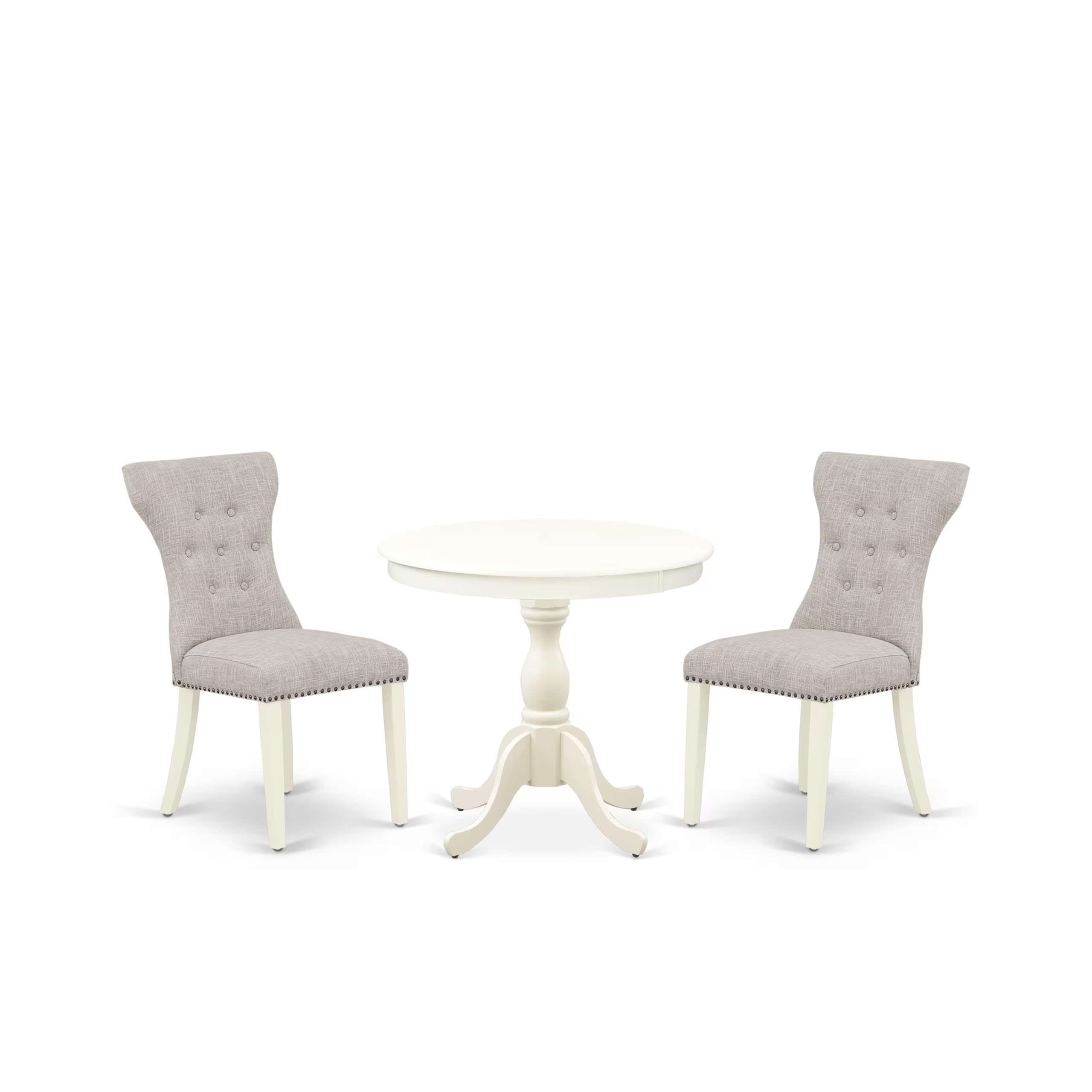 East West Furniture AMGA3-LWH-35 3 Piece Kitchen Table Set Contains a Round Dining Table with Pedestal and 2 Doeskin Linen Fabric Parson Dining Room Chairs, 36x36 Inch, Linen White