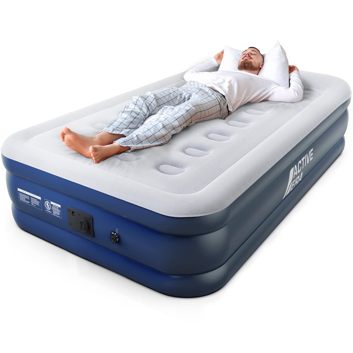 Active Era Tall 20' Twin Air Mattress With Built In Pump & Raised Pillow, Elevated Inflatable Mattress, Heavy Duty Puncture Res