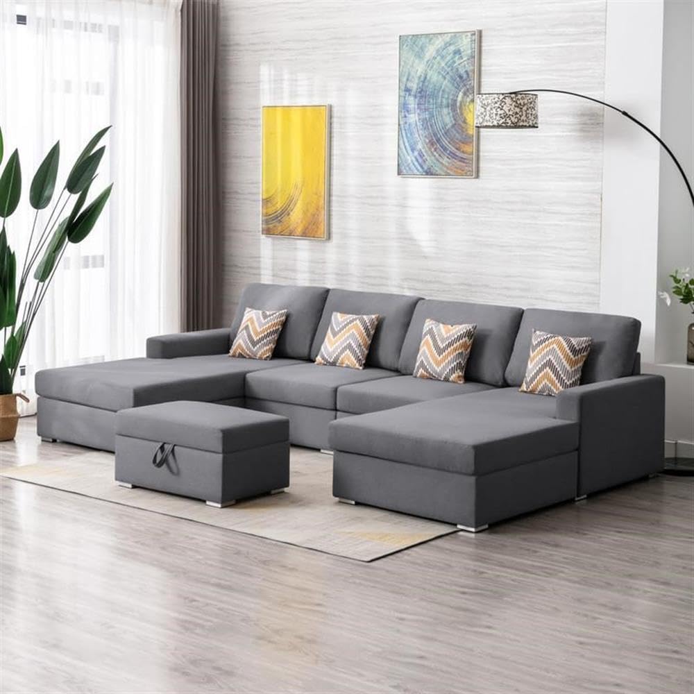 Lilola Home Nolan Gray Linen Fabric 5Pc Double Chaise Sectional Sofa with Interchangeable Legs, Storage Ottoman, and Pillows