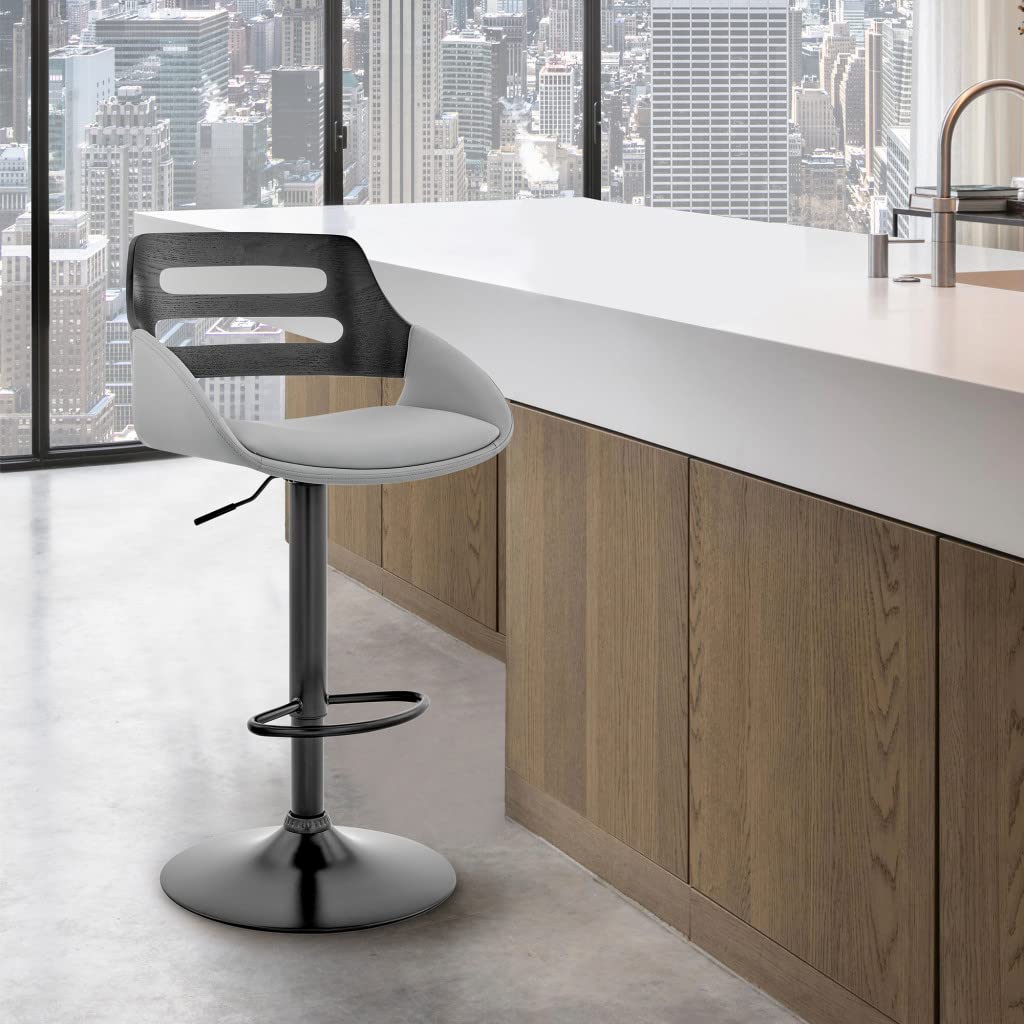 HomeRoots Gray Faux Leather & Black Wood Adjustable Bar Stool