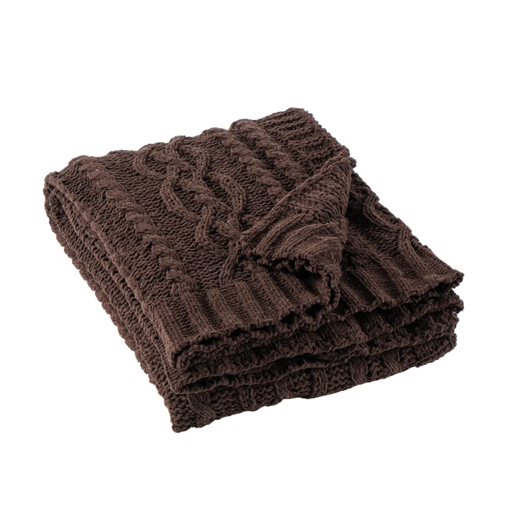Battilo Dark Brown Throw Blanket For Couch, 51''X67'' Soft Chenille Knit Throw Blanket, Decorative Chocolate Brown Blanket For B