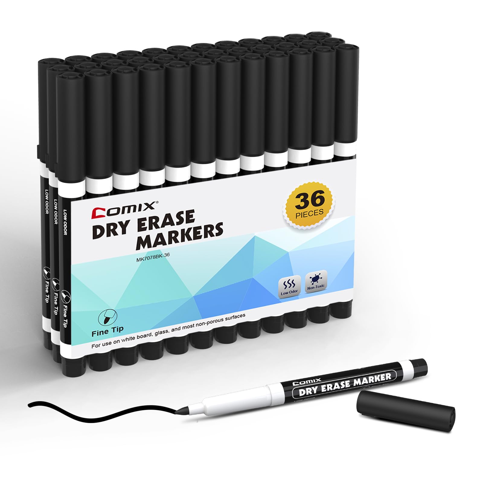 Comix Fine Tip Dry Erase Markers, Low Odor Whiteboard Markers, 36 Bulk Black Color Markers For Kids Teachers Office & School Sup