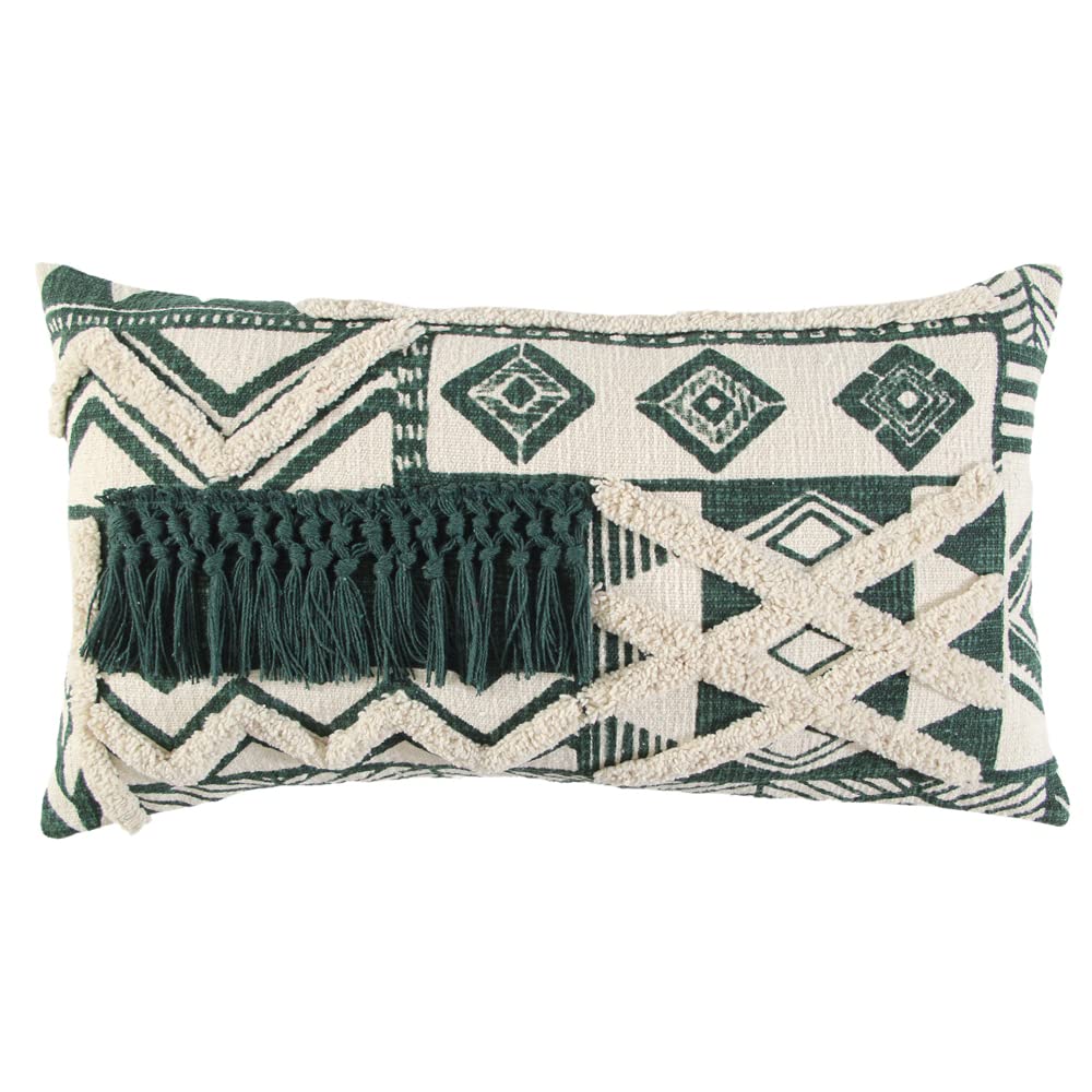 Rizzy Home Geometric 14" x 26" Down Pillow w/ Textured Cotton Cover-Ivory/Green