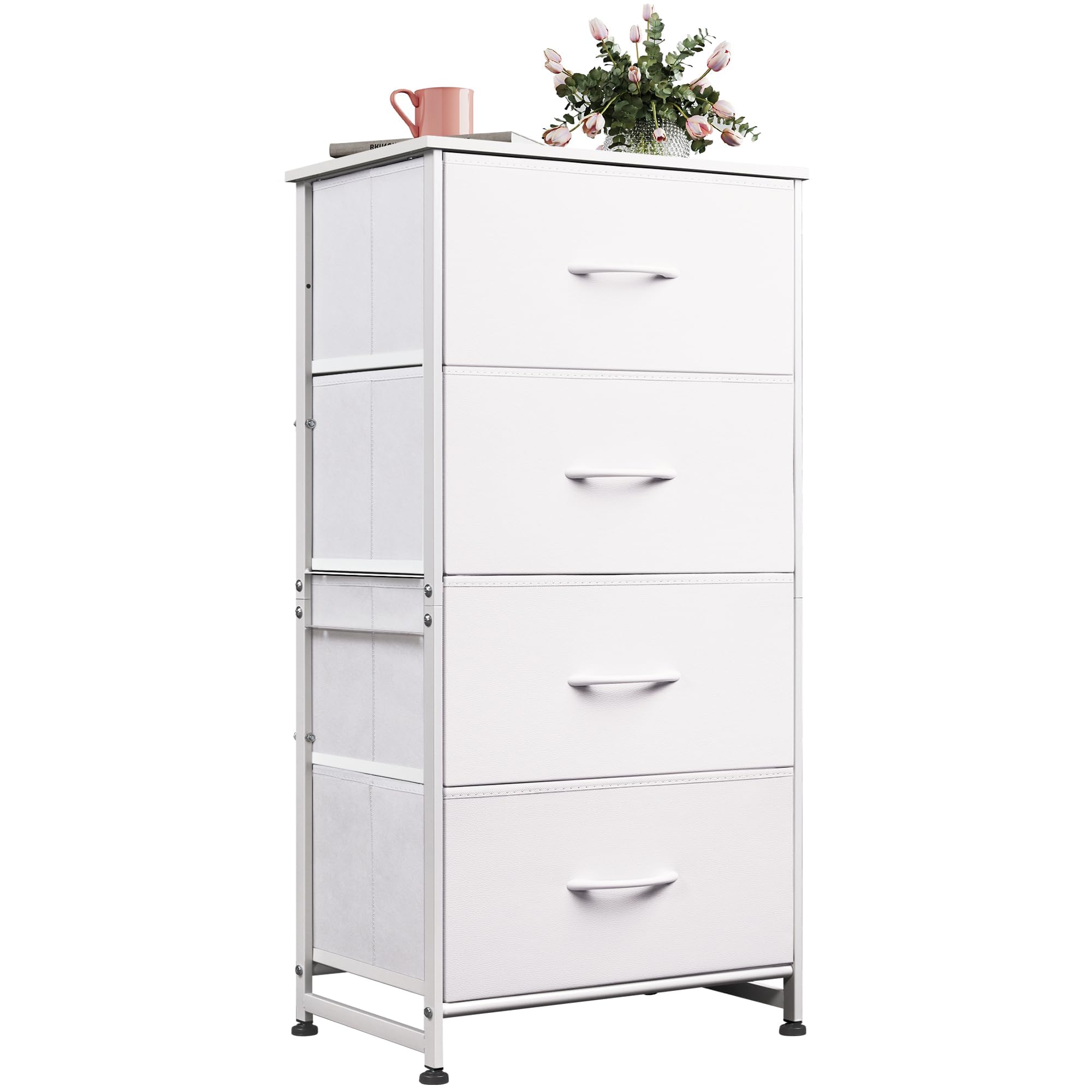 Wlive Dresser With 4 Drawers, Storage Tower, Organizer Unit, Fabric Dresser For Bedroom, Hallway, Entryway, Closets, Sturdy Steel Frame, Wood Top, Easy Pull Handle, White