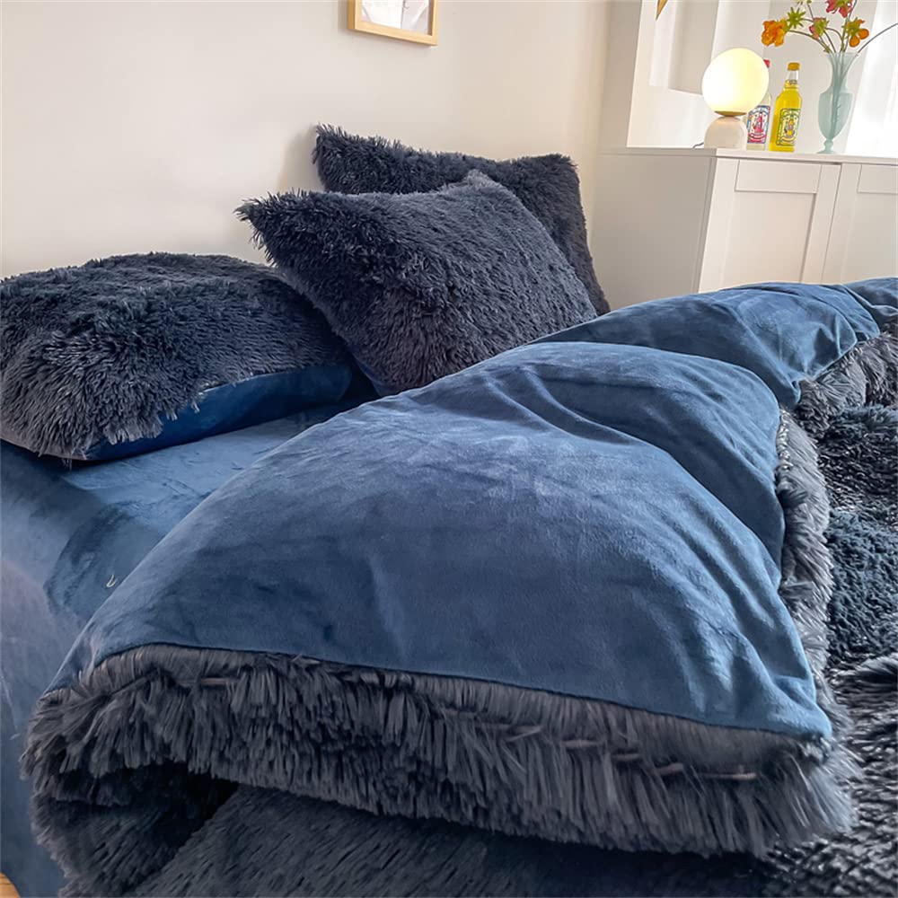 Chovy Faux Fur Plush Navy Blue Comforter Sets Twin/Full Size - Ultra Soft Shaggy Flannel Velvet Fluffy Fuzzy 3Pc Bedding Set (Co