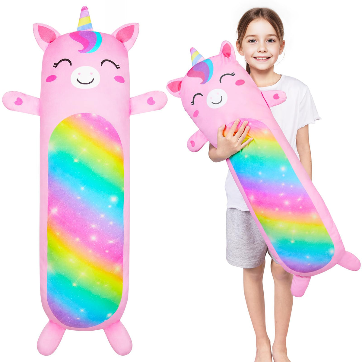 Body Pillow For Kids Long Plush Pillows Stuffed Animal Pillow With Removable Insert For Adults Kids Home Decor, Pink Rainbow
