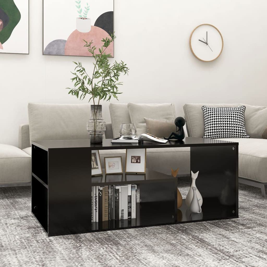 vidaXL Rectangular Coffee Table with Shelves-Black, Spacious Storage, Engineered Wood, Scandinavian Style, Perfect Centre Table for Living Rooms, Easy to Clean and Maintain