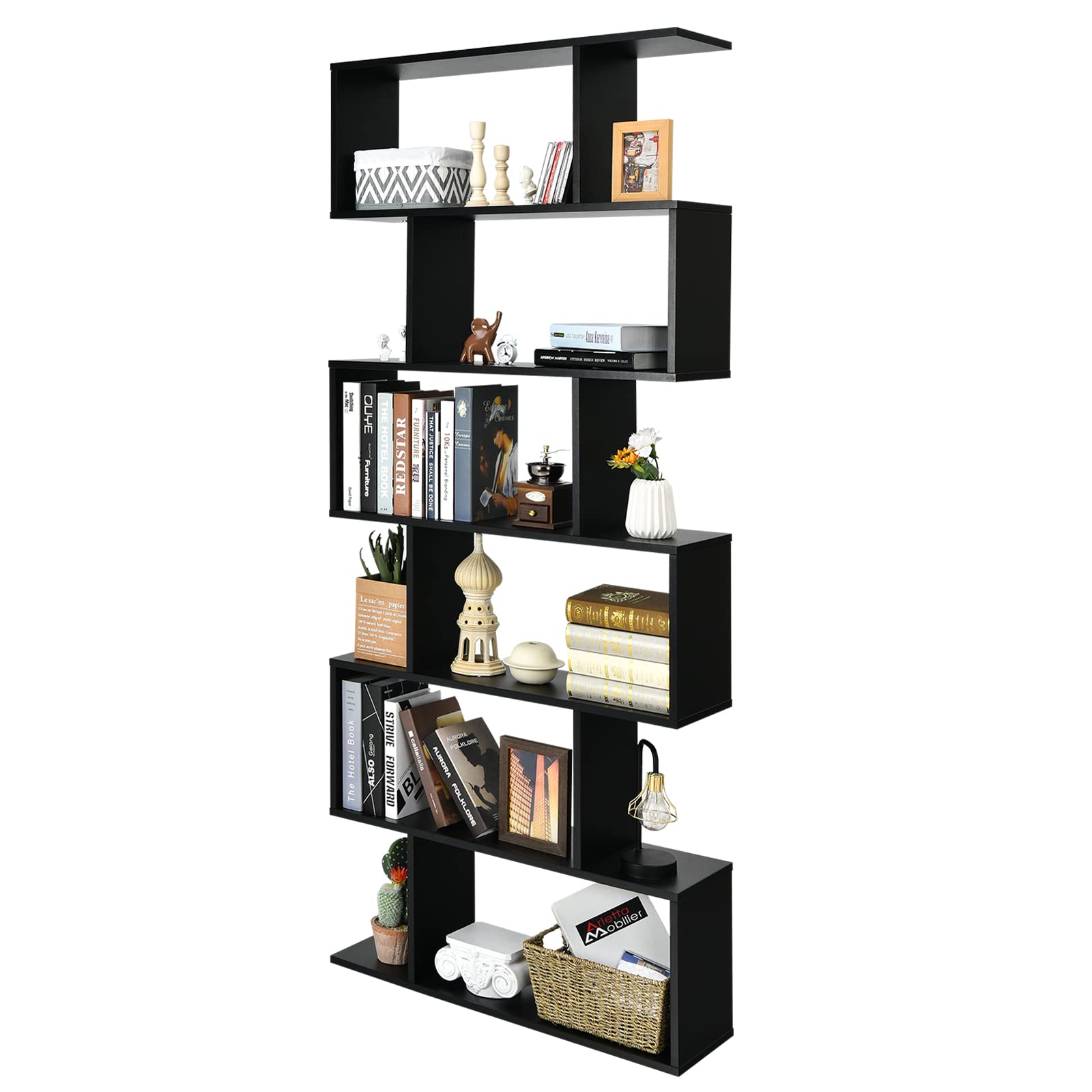 Giantex Geometric Bookcase Black, S-Shaped Wooden Bookshelf, 6-Tier Modern Freestanding Decorative Storage Display Shelves For Bedroom, Living Room