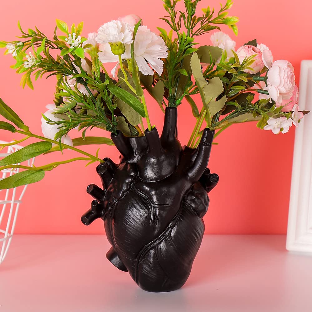 Human Heart Organ Shape Vase Creepy Halloween Home Desk Flowers Pot Decor, Medium Size 6.2 x 4.2, Black