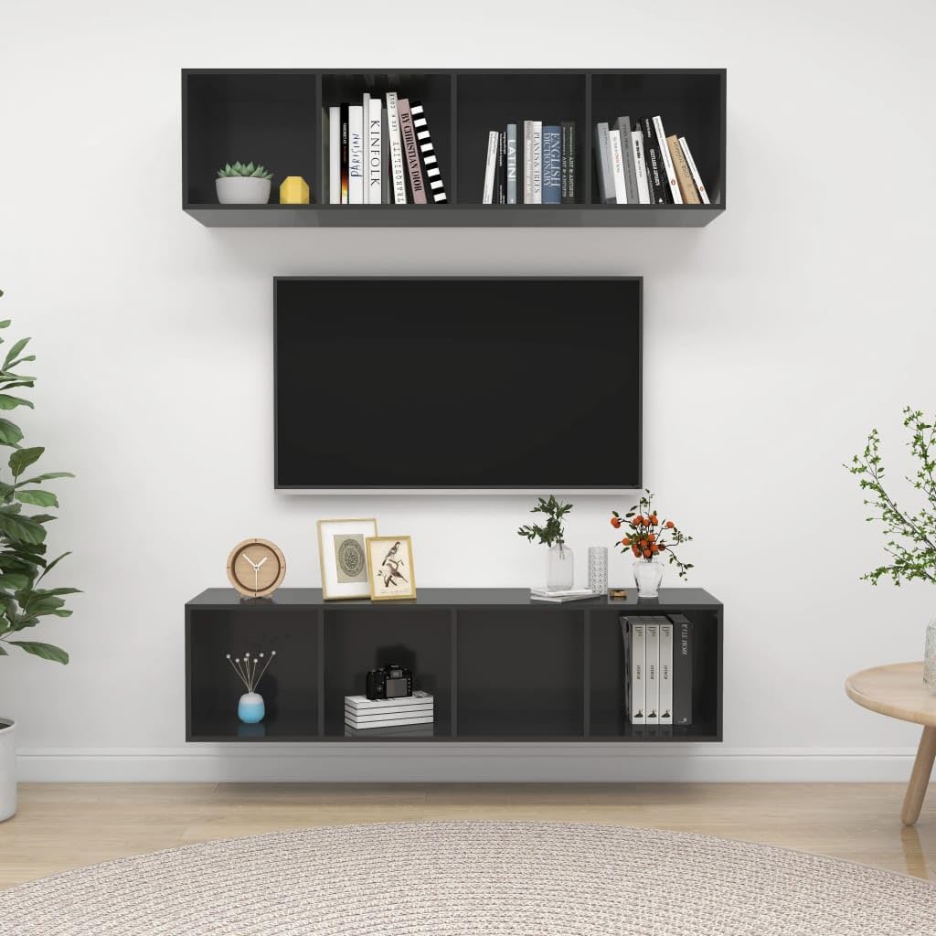 vidaXL High Gloss Gray Engineered Wood Wall-Mounted TV Stands with 4 Compartments - Modern and Versatile Design Ideal for Home Decor