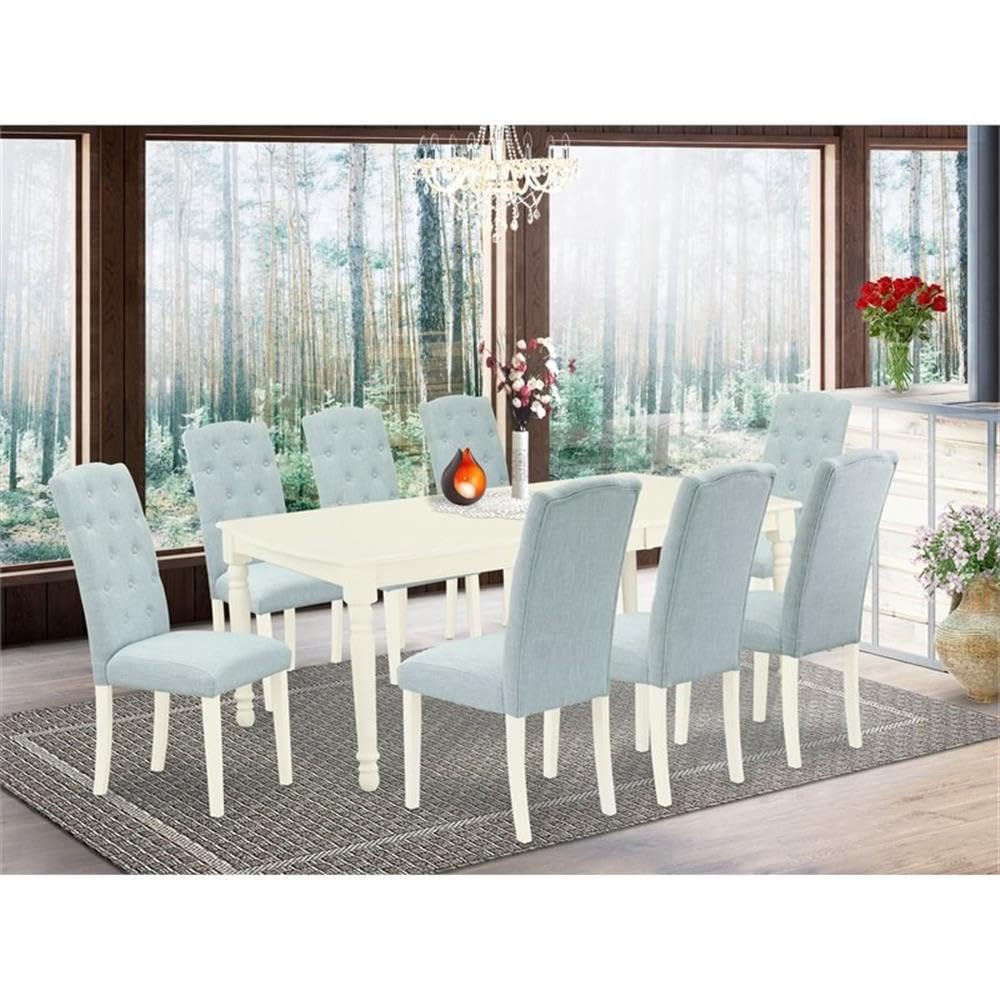 East West Furniture Doce9-Lwh-15 9 Piece Dining Table Set Includes A Rectangle Dining Room Table With Butterfly Leaf And 8 Baby Blue Linen Fabric Parsons Chairs, 42X78 Inch, Linen White