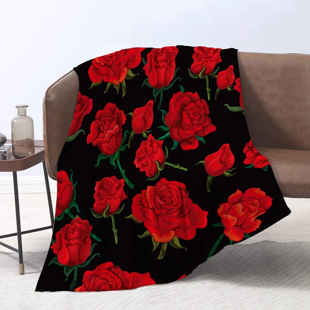 Yunine Flowers Blanket, 60 X 80 Inches Throw Blanket Red Rose Pattern Soft Warm Blanket For Bed Couch Sofa Lightweight Travellin