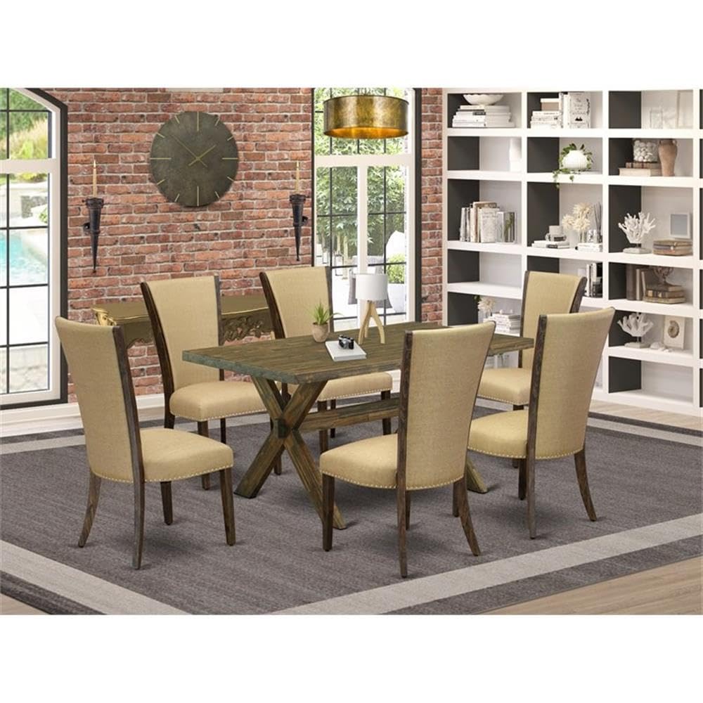 East West Furniture X776Ve703-7 7 Piece Kitchen Table Set Consist Of A Rectangle Dining Table With X-Legs And 6 Brown Linen Fabric Parson Dining Room Chairs, 36X60 Inch, Multi-Color