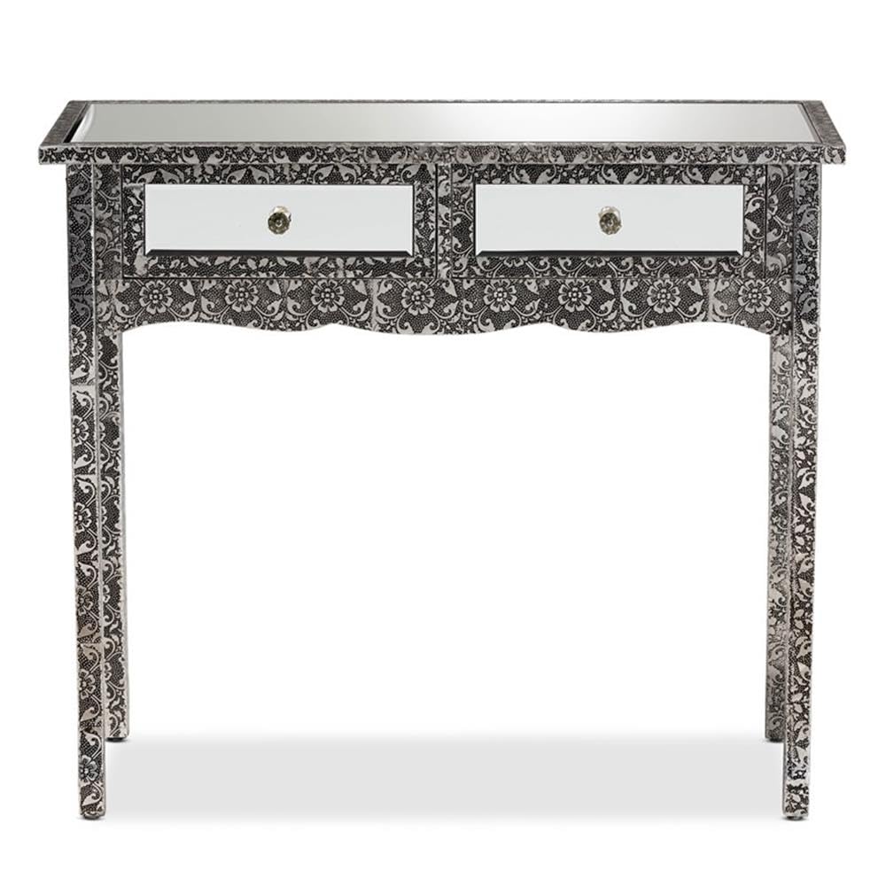 Baxton Studio Wycliff Industrial Glam and Luxe Silver Finished Metal and Mirrored Glass 2-Drawer Console Table