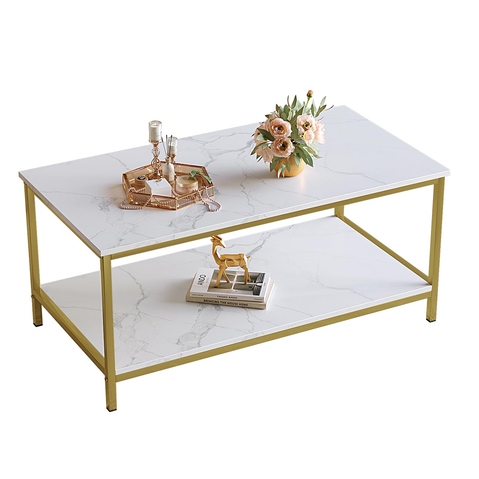 Saygoer Modern 2-Tier Coffee Table For Living Room White Gold Coffee Tables Industrial Rectangle Wood Table For Large Or Small Spaces Home Office Apartment, White Gold