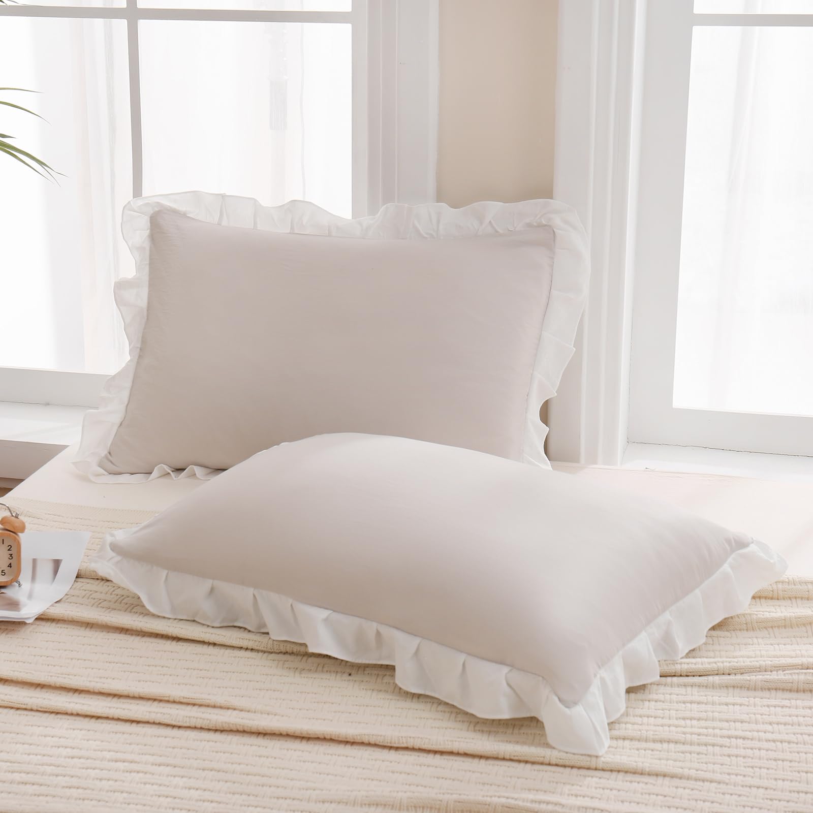 Merryword Beige Pillow Shams Beige And White Reversible Standard Pillowcases Cute Pillow Cover Set Of 2 Soft Shabby Chic Ruffled