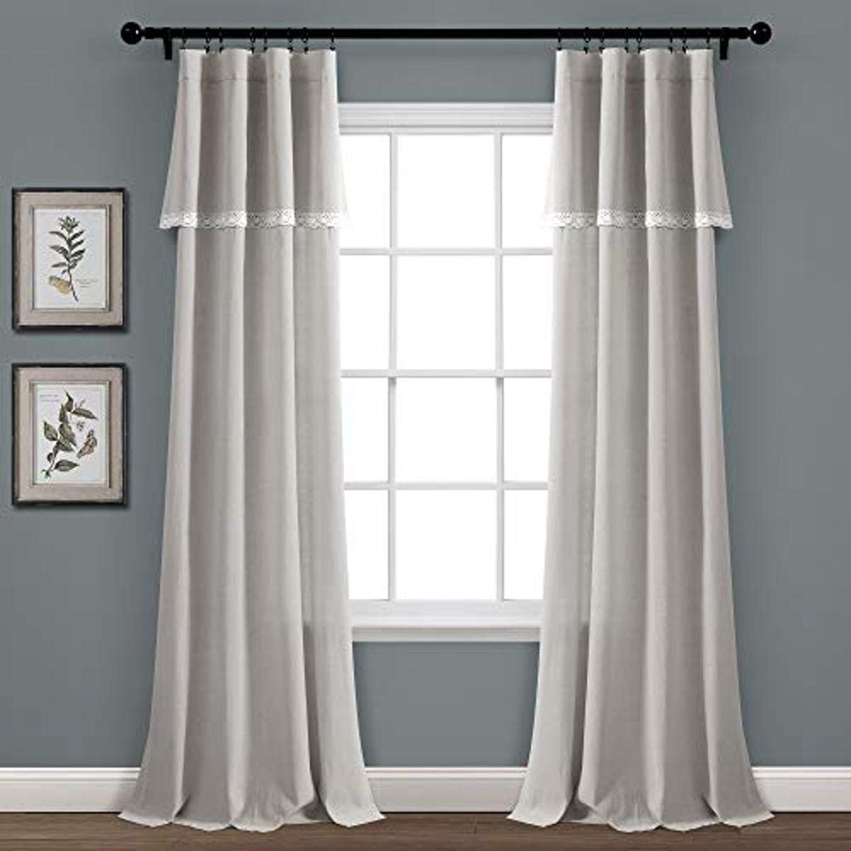 Lush Decor, Light Gray Linen Lace Window Curtain, 84 x 38, Panel Pair, 84 in x 38