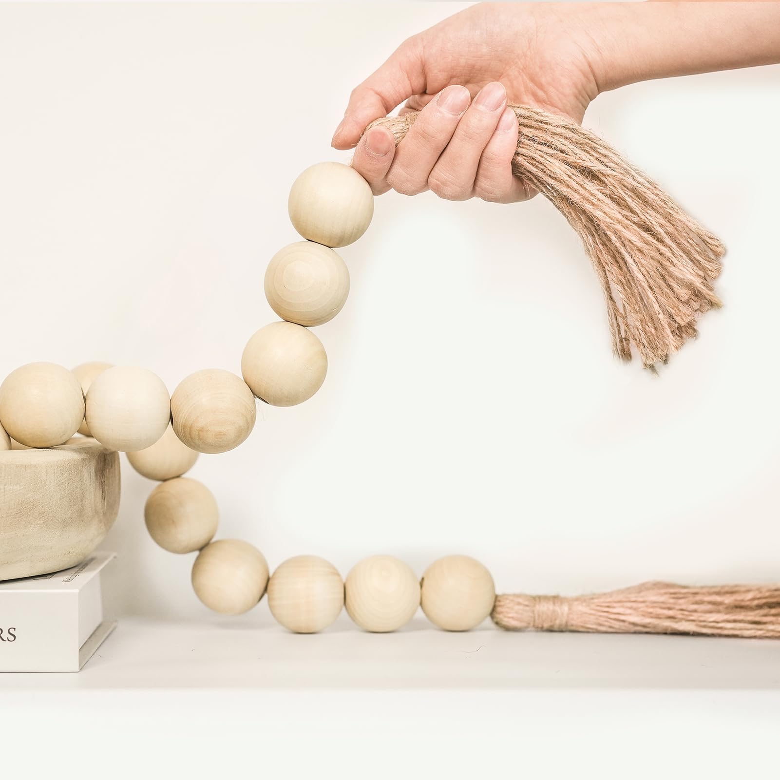 RUIRUICO Extra Large Wood Bead Garland with 1.4 Diameter Wood Beads, Wooden Beads Garland with Tassels, Decorative Beads Home De