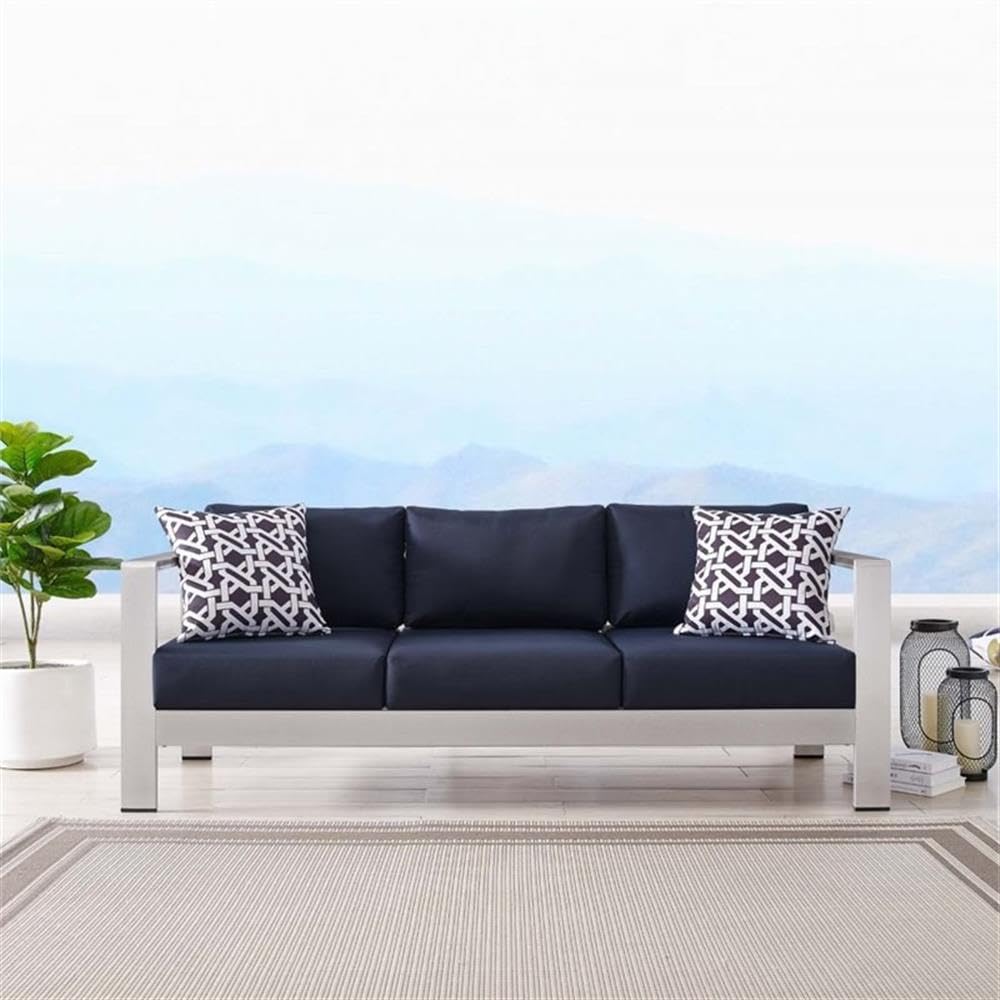 Modway Shore Outdoor Patio Aluminum And Fabric Sofa In Silver/Navy