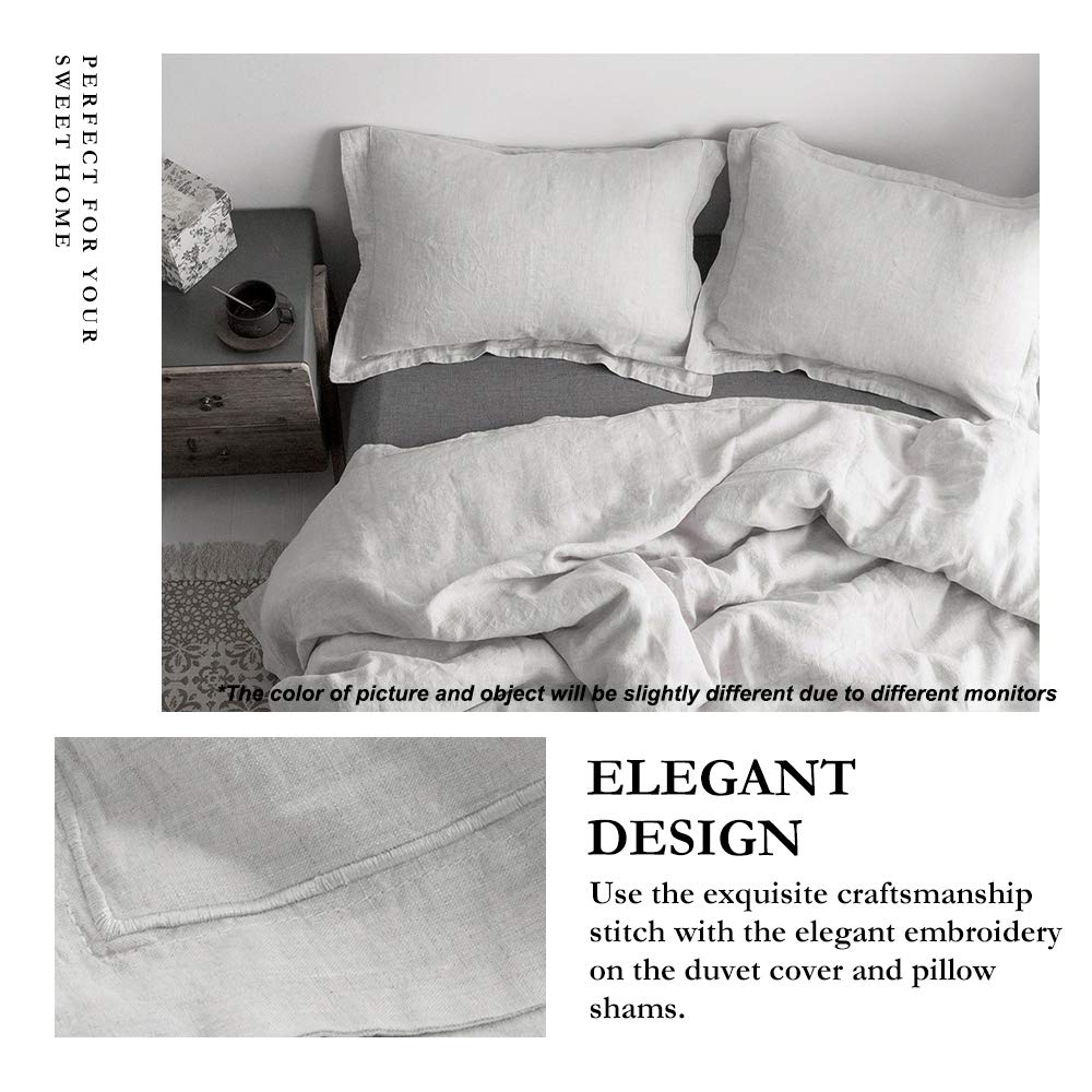 Simple&Opulence 100% Linen Duvet Cover Set With Embroidery Border Washed - 3 Pieces (1 Duvet Cover With 2 Pillow Shams) With Button Closure Soft Breathable Farmhouse - Light Grey, Full Size
