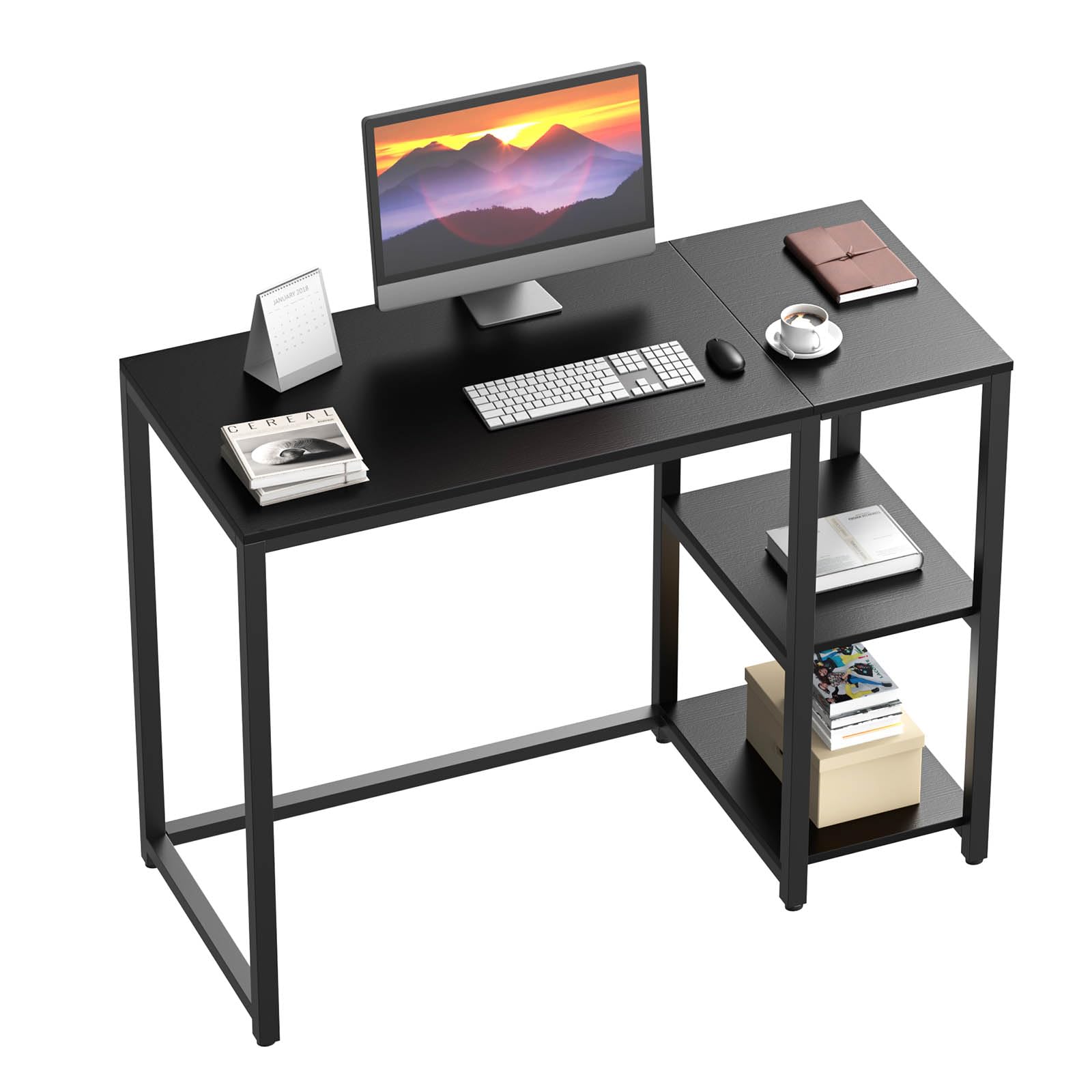 Sinpaid Computer Desk 47 Inches With 2-Tier Shelves Sturdy Home Office Desk With Large Storage Space Modern Gaming Desk Study Writing Laptop Table, Black Desk