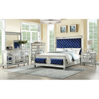 Acme Varian California King Tufted Panel Bed in Blue Velvet and Mirrored