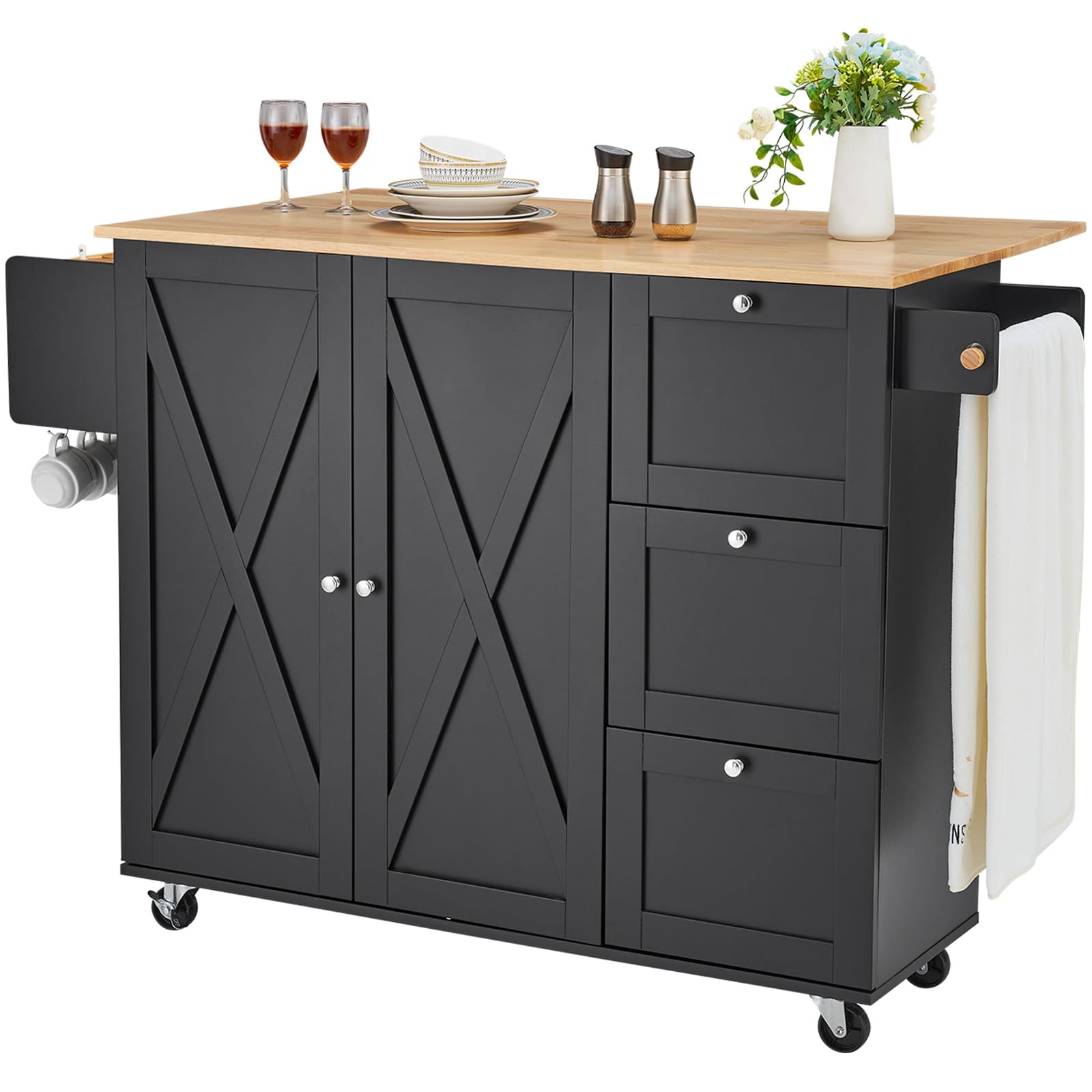 Vevor Kitchen Island Cart, Rolling Table With Drop Leaf, Spice Rack, Towel Bar, Adjustable Shelf, Drawer, And Hooks, Mobile Isla