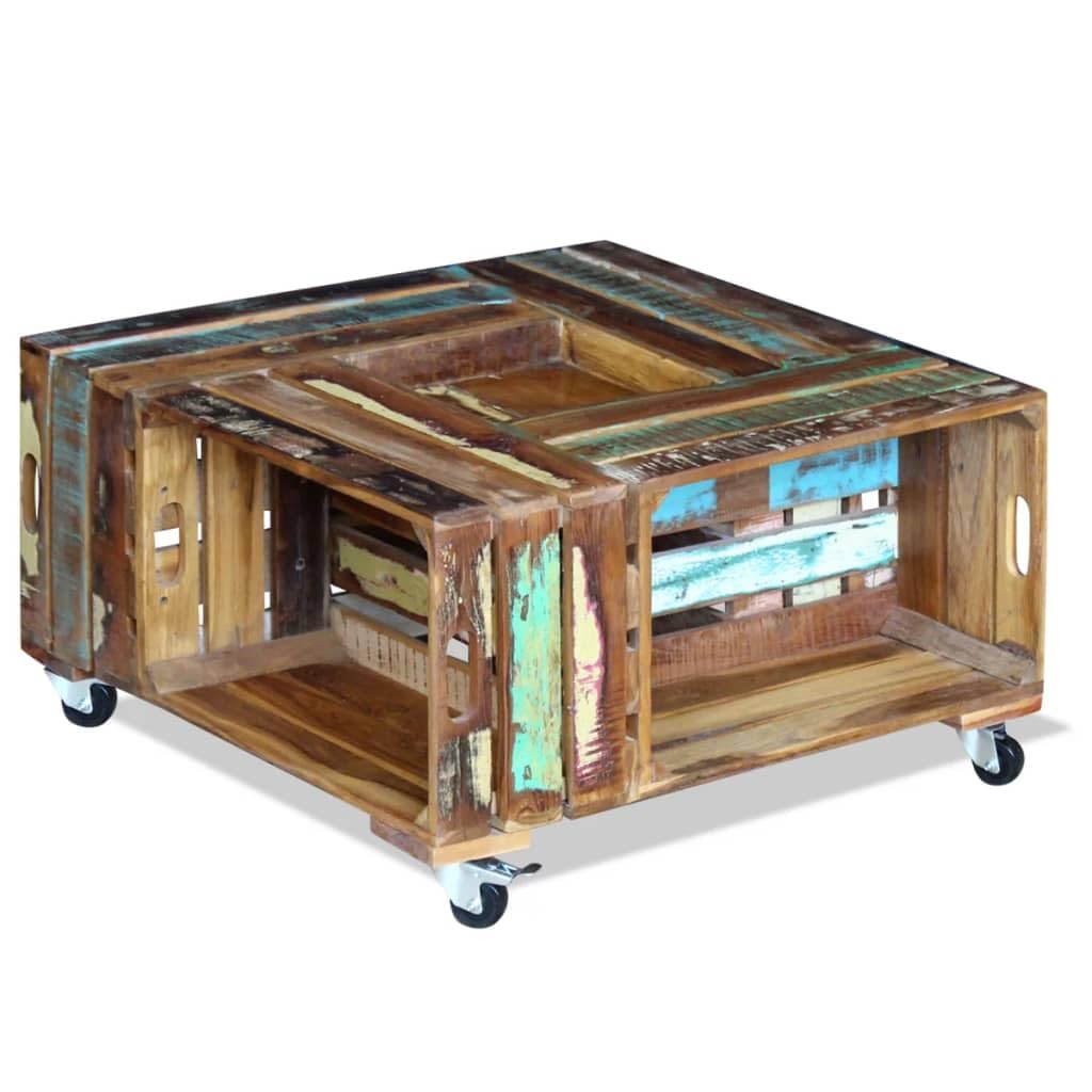 vidaXL Square Coffee Table in Solid Reclaimed Wood with Mobile Wheels 27.6&quot;x27.6&quot;x13.8&quot; - Multicolored, Crafted for Living Room, Couch Tables, Side Tables