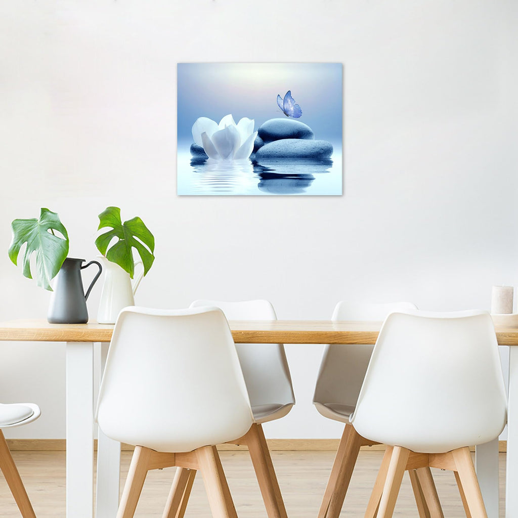 Eobtain Zen Stone Canvas Wall Art White Flower And Blue Butterfly On Lake Wall Art For Bathroom Living Room Bedroom Modern Spiri