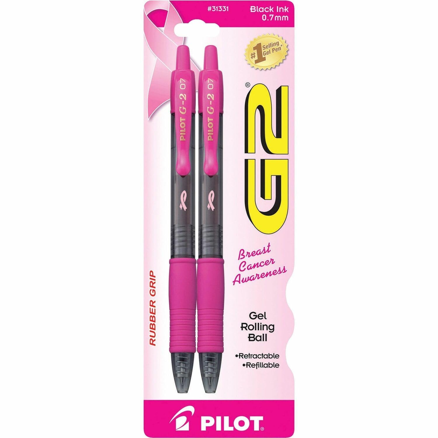 Pilot, G2 Pink Ribbon Premium Gel Roller Pens, Fine Point 0.7 Mm, Pink, Pack Of 2