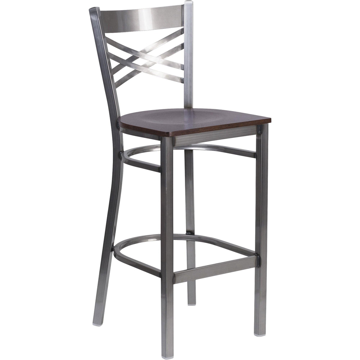 Flash Furniture Hercules Series Clear Coated ''X'' Back Metal Restaurant Barstool - Walnut Wood Seat